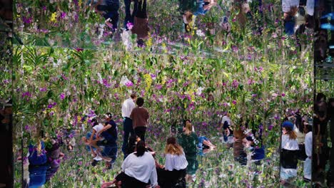 Toma-Panorámica-En-Cámara-Lenta-Sobre-Una-Sala-De-Flores-Con-Espejos-Y-Pantalla-De-Orquídeas.