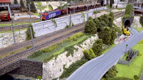 Part-of-the-model-train-layout-at-the-25th-exhibition-of-model-trains-in-motion-in-Kaltern,-Trentino---South-Tyrol,-Italy