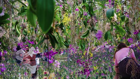 Close-pan-shot-with-beautiful-flower-exhibit-in-futuristic-gardens