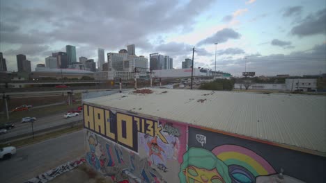 Wide-angle-aerial-shot-of-the-downtown-Houston,-Texas-area