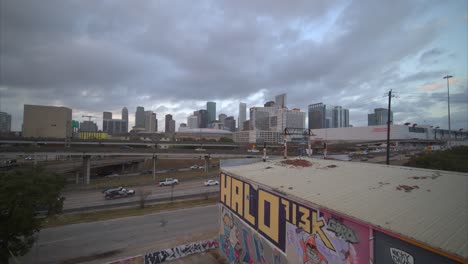 Wide-angle-aerial-shot-of-the-downtown-Houston,-Texas-area