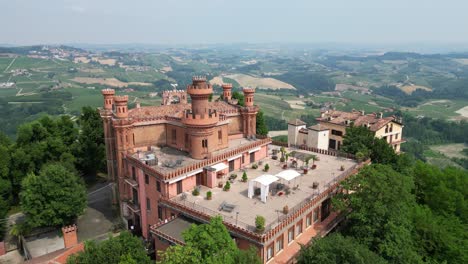 Castle-for-Wedding-Location-in-Novello,-Piedmont,-Italy---Aerial-4k-Circling