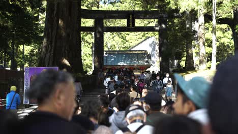 Una-Larga-Fila-De-Visitantes-En-Nikko-Tosho-gu-En-Ishidorii,-Japón,-Explora-El-Patrimonio-Histórico-Y-Cultural-Con-Un-Torii-De-Piedra-Que-Marca-El-Camino-De-Entrada.