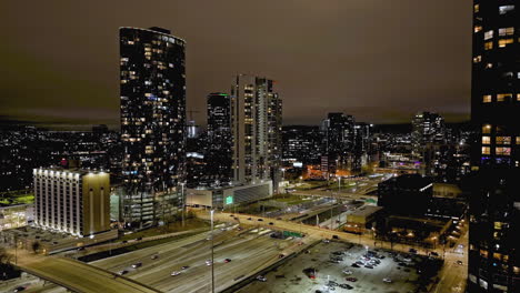 Aerial-view-of-traffic-on-I-90-in-West-Loop-Gate,-cloudy-evening-in-Chicago