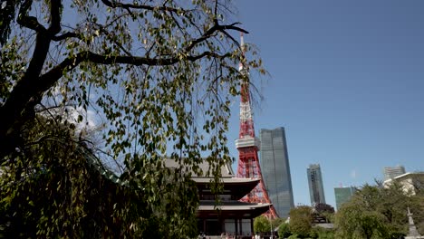 The-Tokyo-Tower,-communication-tower-in-downtown-Tokyo,-famous-tourist-attraction-during-clear-day