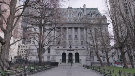 Empty-park-by-City-Hall-plaza-with-Municipal-building-during-coronavirus-outbreak