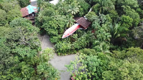 Aerial-View-of-Boing-Airplane-Converted-Into-Luxury-Tree-Hotel-in-Rainforest-of-Costa-Rica,-Puntarenas-Province
