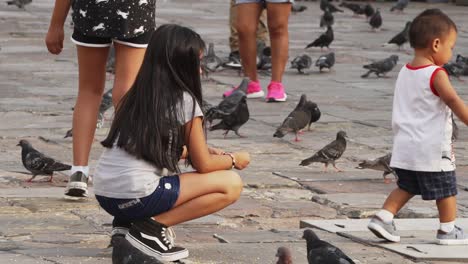 Los-Niños-Pequeños-Son-Juguetones-Mientras-Alimentan-A-Las-Palomas-En-Perú.