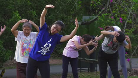 Mujeres-De-Diversas-Edades-Singapurenses-Tai-Chi-Estirándose-En-Un-Parque-Público,-Singapur---Plano-Medio