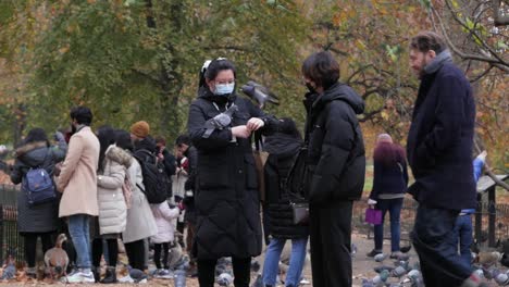 Asian-girl-with-pigeons-on-arms-in-autumn-park