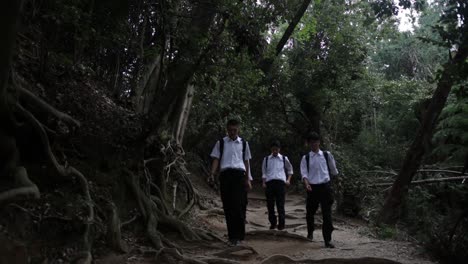 Japanische-Highschool-Schüler-Gehen-Im-Kyoto-Shinto-Old-Forest-Park-Entlang