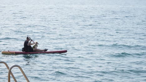 Mann-Paddleboard-Mit-Hund-Im-Schoß