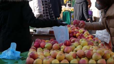 Woman-pick-apples-to-plastic-bag-in-outdoor-market