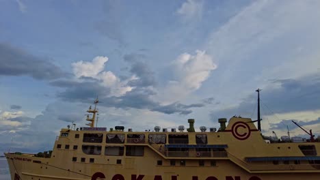 Tilt-down-shot-of-one-of-Cokaliong-Shipping-Lines-Ferries-Docked-in-Cebu-Port-in-the-Philippines