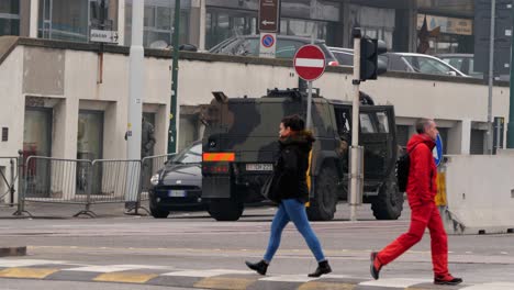 Military-vehicle-parking-at-the-entrance-of-Venice,-near-bus-station