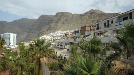 Apartamentos-En-La-Ciudad-De-Los-Gigantes,-Palmeras-En-Primer-Plano,-Montañas-Al-Fondo