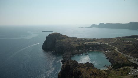 Aerial-view-of-Saint-Paul's-Bay,-Lindos