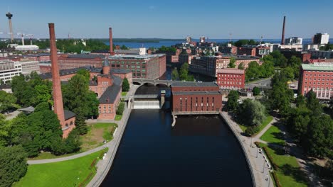 Aerial-view-of-Tammerkoski-falls,-summer-in-Tampere,-Finland---tilt,-drone-shot