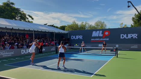 Female-athletes-playing-a-competitive-game-of-Pickleball-at-the-Major-League,-in-Newport-Beach,-California,-USA