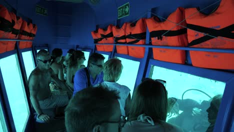 Diver-shows-a-crab-to-the-tourists-through-the-underwater-windows-of-a-tourboat