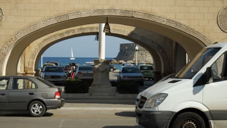 Arch-structure-at-Governors-Palace-in-Rodos-Town,-View-on-the-sea