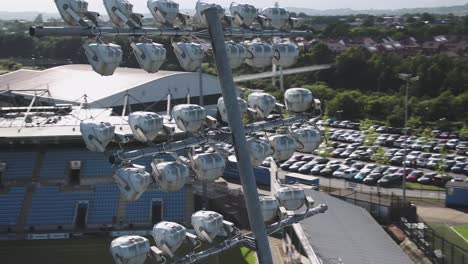 Close-up-panning-shot-of-the-flood-lights-at-Sandy-Park,-home-of-the-Exeter-chiefs