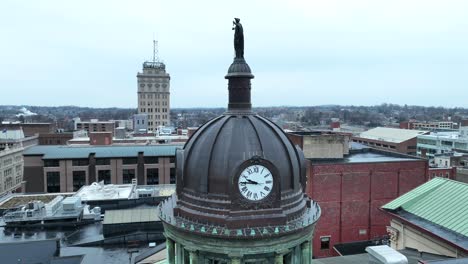 Aerial-360-of-a-city-building-spire-with-statue