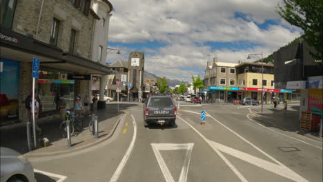 Driving-Along-Main-Shotover-Street-In-Queenstown-Lakes-District,-Otago-Region,-New-Zealand