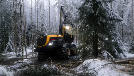 Deforestación-Maquinaria-Pesada-Bosque-Nevado-De-Invierno-Del-Norte-De-Europa:-Vista-Frontal