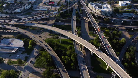 Aerial-view-around-traffic-on-the-Interstate-49-and-69,-sunny-day-in-Houston,-USA