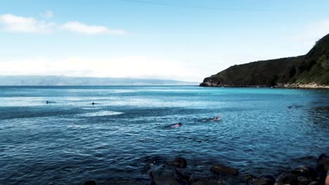 People-swimming-in-turquoise-blue-water-off-the-coast-of-Hawaii,-USA,-Honolua-Bay