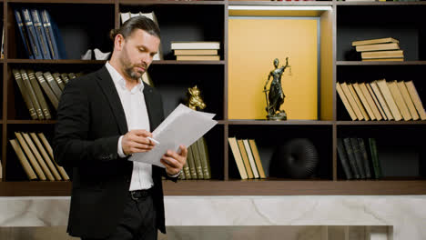 Caucasian-male-legal-advisor-wearing-elegant-clothes-reading-documents-while-standing-in-the-office