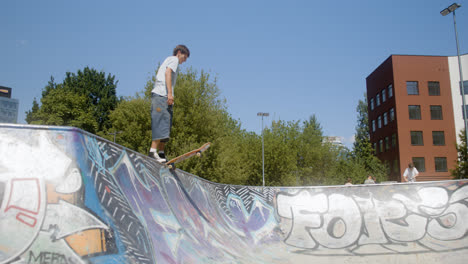 Caucasian-boy-skateboarding-in-the-park.