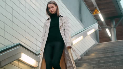 Caucasian-girl-confidently-walking-down-the-stairs-at-subway-station.