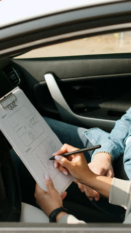 Woman-and-teacher-in-driving-school