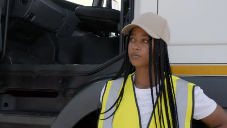 Female-lorry-driver-posing-with-truck-cab