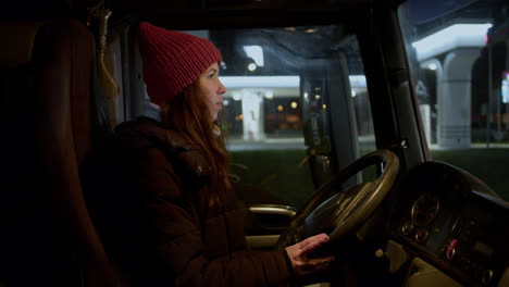 Tired-woman-in-a-truck-at-night