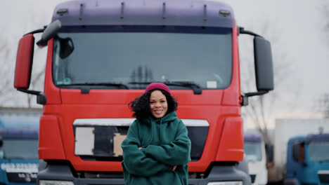 Woman-posing-at-the-front-of-the-truck