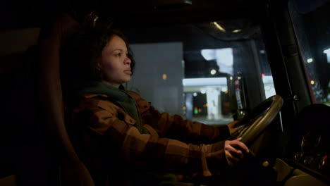 Tired-woman-in-a-truck-at-night