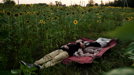 Paar-Macht-Ein-Picknick-In-Einem-Sonnenblumenfeld