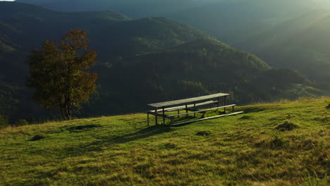 A-bench-in-the-mountains-with-spruce-forest-against-blue-sky