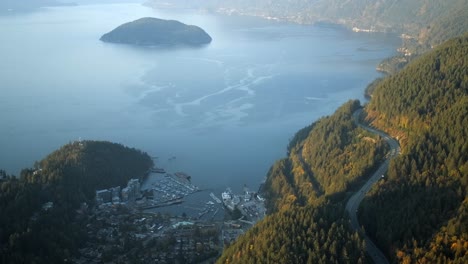 Aerial-View-of-Horseshoe-Bay,-BC-and-Sea-to-Sky-Highway---Sunny-Day