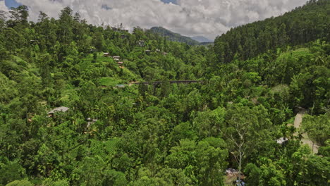 Ella-Sri-Lanka-Aerial-v29-low-drone-flyover-Nine-Arches-Bridge-capturing-beautiful-nature-landscape-with-lush-verdant-valley,-hillside-terraced-tea-plantations---Shot-with-Mavic-3-Cine---April-2023