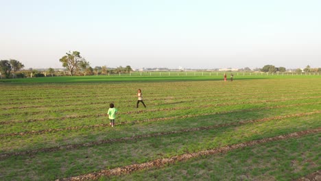 Drohnenaufnahme-Aus-Der-Luft:-Don-Camaro-Bewegt-Sich-Vorwärts-Zu-Zwei-Kleinen-Kindern,-Die-Auf-Einem-Feld-Spielen