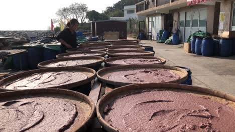 Lady-prepares-shrimp-paste-in-the-traditional-way-to-sell-to-tourists-in-Tai-O,-Hong-Kong,-China