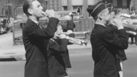 Musical-Band-of-Boys-Trumpets-on-a-Sunny-Day-in-New-York-City-in-the-1930s