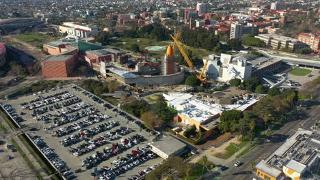 Space-rocket,-at-a-the-California-Science-Center-in-LA,-USA---pull-back,-drone-shot