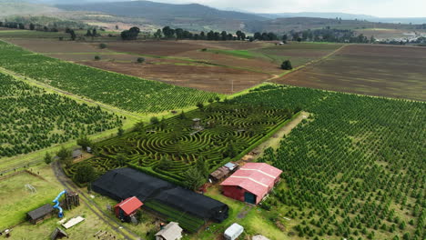 Vista-Aérea-Rodeando-Un-Jardín-Laberinto,-En-Puebla-Rural,-Día-Nublado-En-México