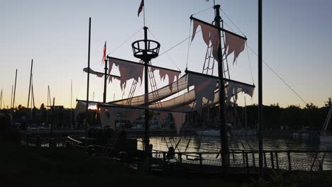 Unique-Hungarian-pirate-adventure-boat,-called-Sánta-Róza-docked-in-Balatonfüred,-Hungary