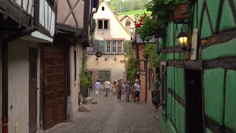 Las-Casas-Con-Entramado-De-Madera-De-Riquewihr-Son-La-Quintaesencia-De-Alemania,-Mientras-Que-Los-Detalles-De-Hierro-Forjado-Y-El-Vino-Francés-Que-Fluye-Te-Hacen-Saber-Que-Estás-En-Francia.